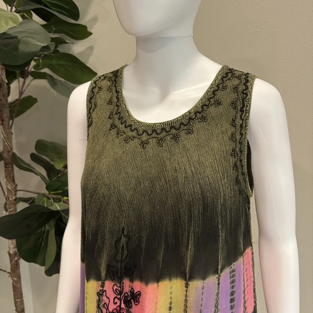 Fashion Force Embroidered Tie Dye Midi Tank Dress Free Size Rainbow Stripe Y2K